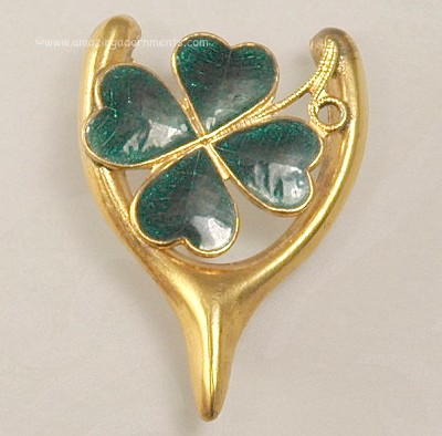 Vintage Signed MIZPAH Gold- plated Wishbone and Enamel Clover Pin