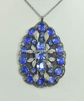 Gorgeous Vintage Pendant Necklace with Sapphire Blue Glass Stones