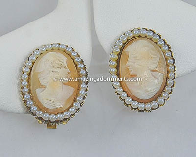 Classic Unsigned Vintage Genuine Cameo Earrings with Faux Pearl Surround