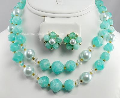 Vintage Signed LISNER Tiffany Blue Mixed Bead Necklace and Earring Set