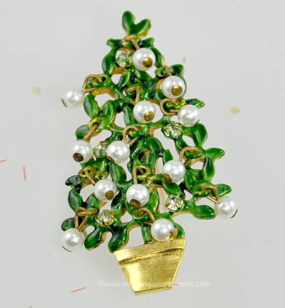 Vintage Signed ORIGINAL by ROBERT Wired Faux Pearl and Rhinestone Christmas Tree Pin