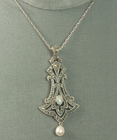 JUDITH JACK Sterling and Marcasite Art Nouveau Style Pendant Necklace