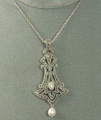 JUDITH JACK Sterling and Marcasite Art Nouveau Style Pendant Necklace