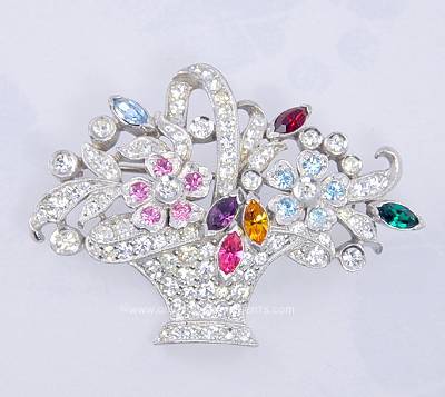 Rare Vintage Rhinestone Flower Basket Brooch Attributed to DUJAY