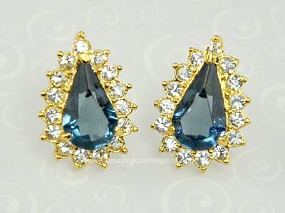 Becoming Sapphire and Clear Rhinestone Earrings Signed ROMAN