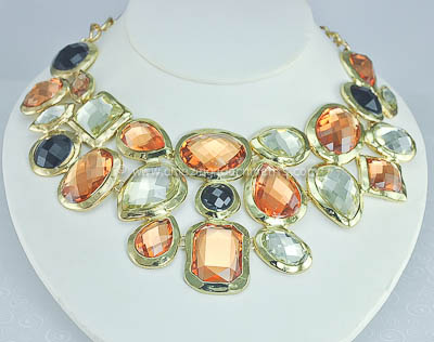Bold Contemporary Amber, Black and Clear Bubble Glass Necklace