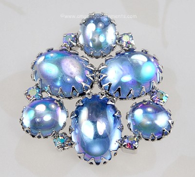 Vintage Blue Iridescent Big Glass Brooch Signed CONTINENTAL