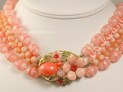 Remarkable Peach Multi- strand Necklace with Amazing Clasp Signed SELINI