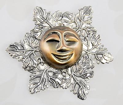 Distinctive Copper Smiling Sun or Moon on Leaves Clip Signed STEPHEN DWECK