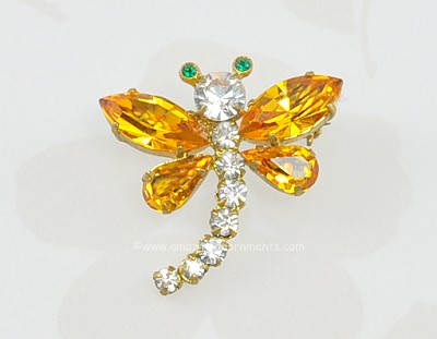 Beautiful Vintage Amber and Clear Rhinestone Dragonfly Pin Signed MADE in AUSTRIA