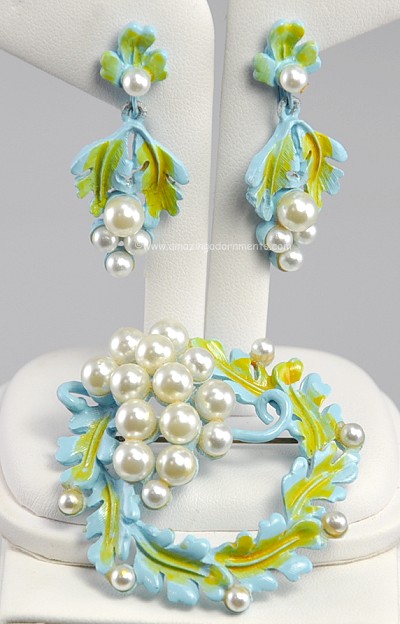 Outstanding Baby Blue and Green Enamel Set with Faux Pearls Signed FLORENZA