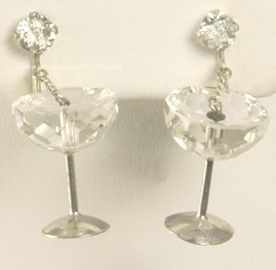 Party Time Crystal Champagne Glass Earrings Signed JAPAN SILVER