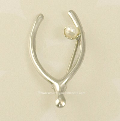 Adorable Vintage Sterling and Faux Pearl Wishbone Pin