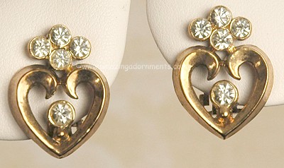 Vintage CROWN TRIFARI Rhinestone Heart Earrings ~ 1949