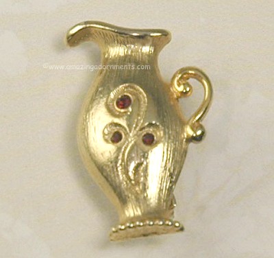 Miniature Gold- tone and Red Rhinestone Flower Urn Pin