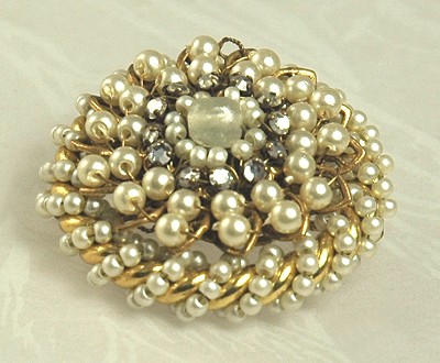 Winding Faux Pearl and Rhinestone Brooch Signed STANLEY HAGLER