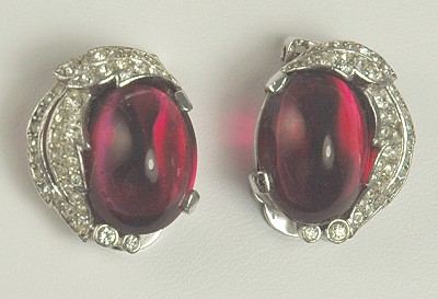 TRIFARI Alfred Philippe Ruby Cabochon and Clear Rhinestone 1950s Earrings