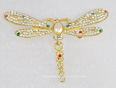 Colossal Rhinestone Dragonfly Shoulder Brooch with Articulating Abdomen