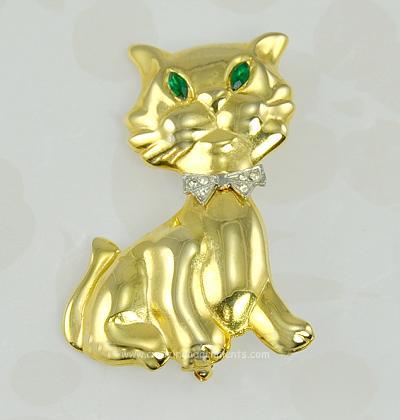 Large Proud Cat Brooch with Rhinestone Bow Tie and Eyes Signed ULTRA CRAFT
