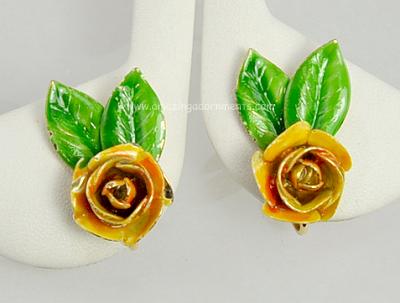 Vintage Enamel Blooming Roses Earrings Signed HOBE