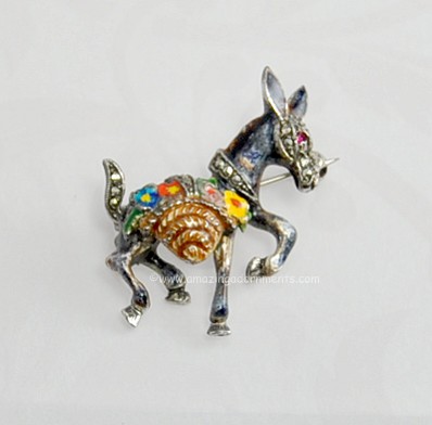 Vintage Signed ALICE CAVINESS STERLING GERMANY Enameled Donkey with Flowers Pin