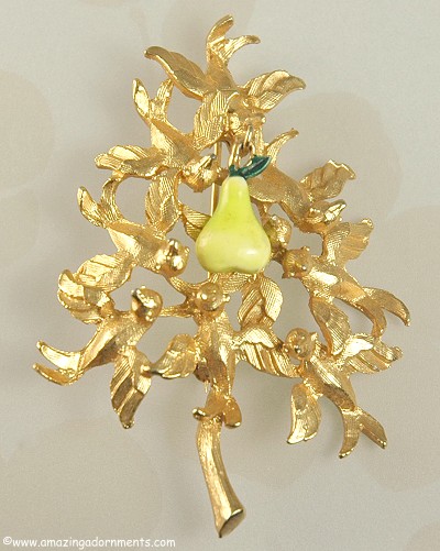 Wildly Popular Partridge in a Vintage Pear Tree Christmas Pin Signed CADORO ~ BOOK PIECE