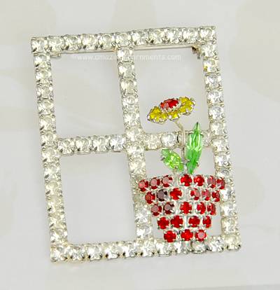 Impressive Flower Pot in Window Rhinestone Brooch Signed DOROTHY BAUER