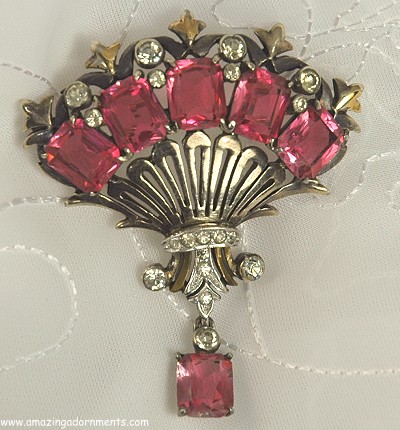 Resplendent 1940s Sterling Vermeil Pink Glass and Clear Rhinestone Brooch Signed DEROSA