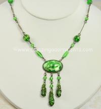 Highly Desirable Vintage Green Glass Sautoir Lavaliere Signed CZECHOSLOVAKIA