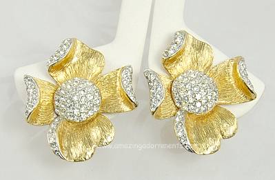 Signed DONALD STANNARD Couture Pav Set Rhinestone Dogwood Flower Earrings