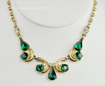 Outstanding Real Look Emerald and Clear Rhinestone Necklace Signed BOGOFF