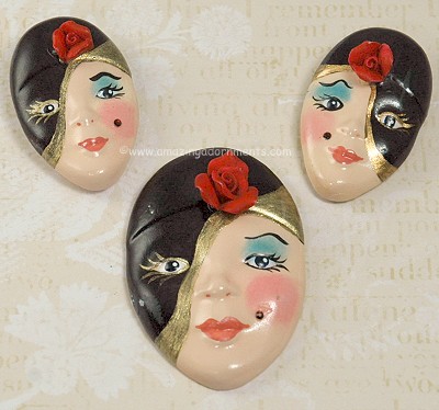 Large and Lovely Painted Lady Mask Brooch and Earring Set