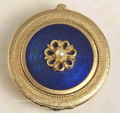Splendid Blue Guilloche Enamel Trinket Box with Faux Pearl Signed FLORENZA