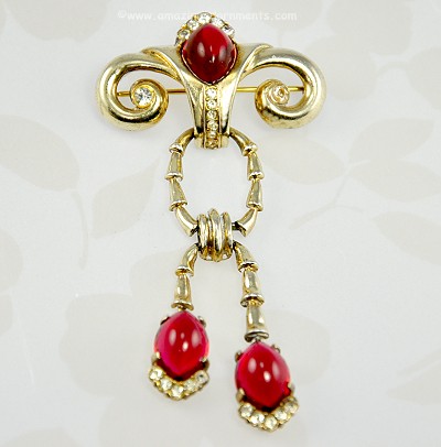 Vintage 1940s Sterling Vermeil, Red Glass and Rhinestone Brooch Signed JOLLE [HESS APPEL]