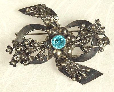 Vintage Signed HOBE Sterling Floral Bow Brooch with Aqua Rhinestone