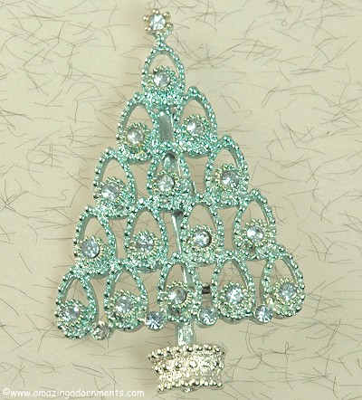 Delightful Blue Rhinestone Christmas Tree Pin Signed BEATRIX
