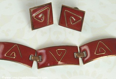 Modernist Red Enamel on Copper Link Bracelet and Earring Set Signed KAY DENNING
