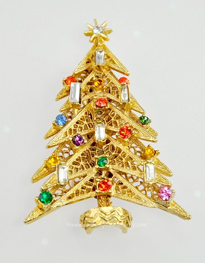 Vintage Signed ART Six Candle Layered Christmas Tree Pin ~ BOOK PIECE