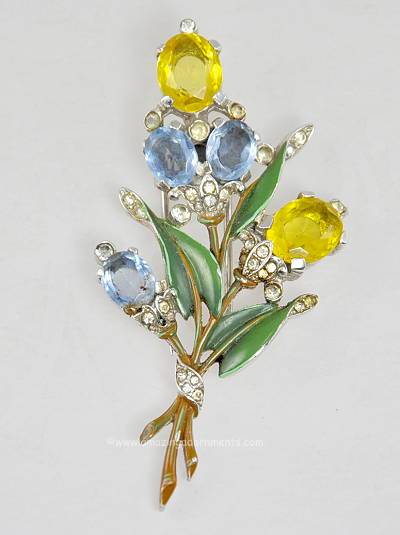 Notable Vintage Signed Trifari 1940s Rhinestone and Enamel Flower Clip