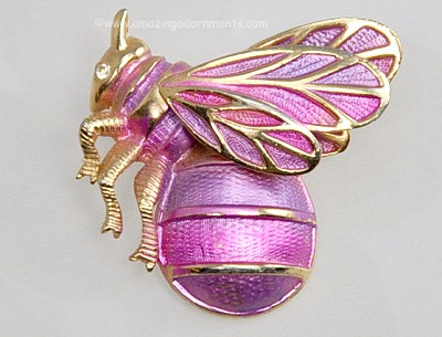 Sweet Pink and Purple Enamel Bee Pin with a Rhinestone Eye Signed PASTELLI