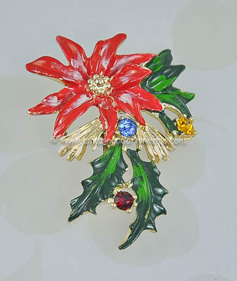 Vintage Enamel and Rhinestone Christmas Poinsettia Pin Signed BJ