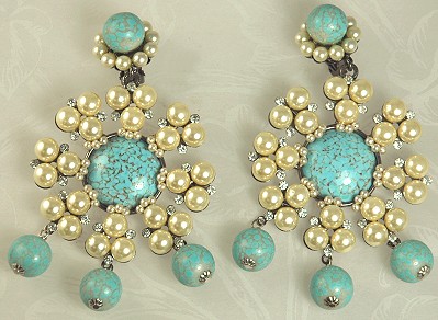 LARRY VRBA Significant Faux Pearl and Turquoise Dangly Earrings