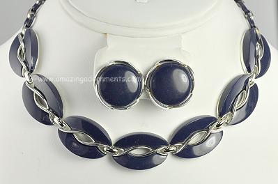 Vintage Signed LISNER Navy Blue Thermoplastic Necklace and Earring Set