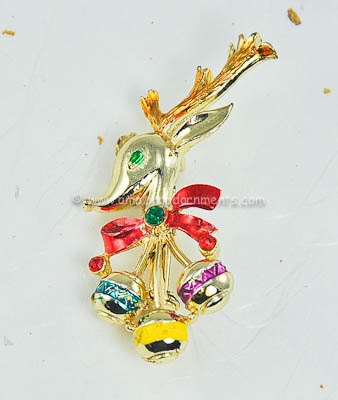 Vintage Signed BJ Enamel and Rhinestone Reindeer Figural Christmas Pin