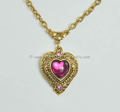 Vintage Pink Glass and Rhinestone Heart Necklace Signed 1928