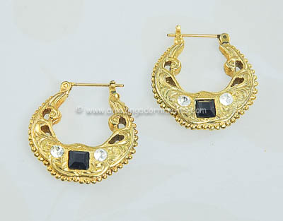 Detailed Etruscan Look Hoop Earrings with Black and Clear Stones