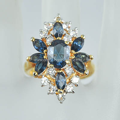 Impressive Vintage Sapphire Blue and Clear Rhinestone Ring~ Size 5.5