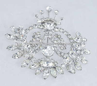 Lavish Vintage Clear Rhinestone Crown Brooch Signed MARVELLA