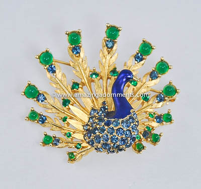 Gorgeous Vintage Rhinestone and Enamel Peacock Brooch Signed