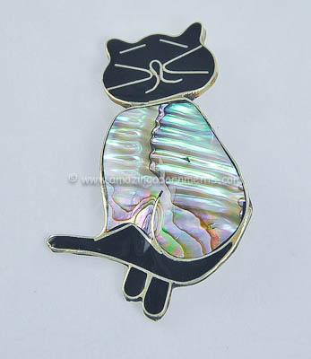 Adorable Signed Alpaca Silver MEXICO Abalone Shell Cat Pin